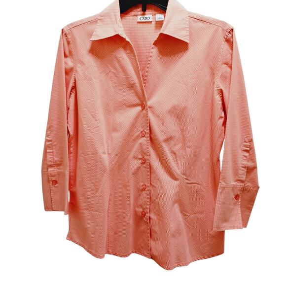 Cato Orange Checked Blouse 🧡🤍 Button Down Shacket Small 3/4 Sleeve Lightweight - Picture 14 of 15